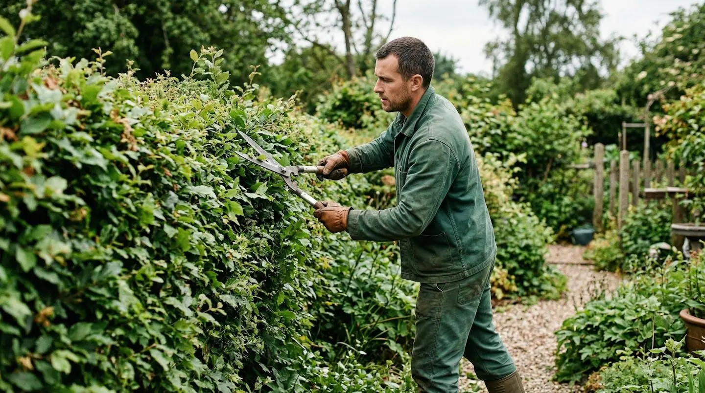 Un homme d'une trentaine d'années en tenue de travail verte taille une haie dans un espace vert, vu de trois-quarts