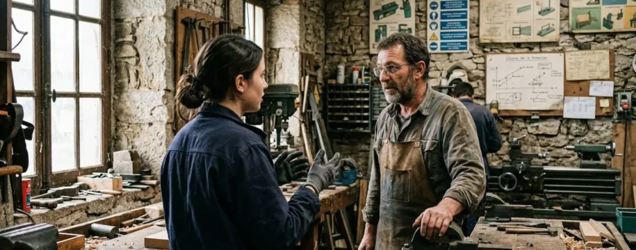 Un jeune adulte en tenue de travail échange avec un formateur dans un atelier lumineux aux murs de pierre, ambiance rurale et chaleureuse