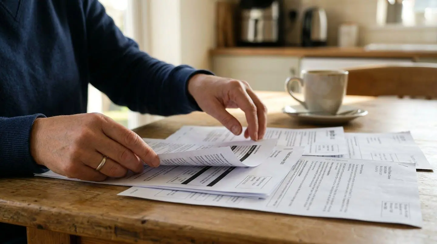 Deux mains féminines feuillettent des documents administratifs sur une table de cuisine en bois avec une tasse de café en arrière-plan
