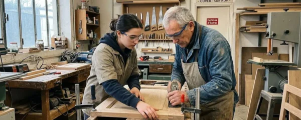 Un jeune apprenti et un professionnel concentrés ensemble sur une tâche dans un atelier, sans regard vers l'objectif
