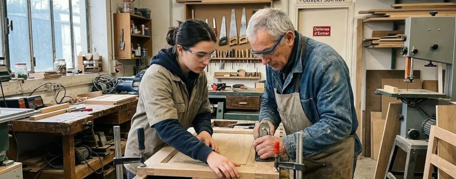 Un jeune apprenti et un professionnel concentrés ensemble sur une tâche dans un atelier, sans regard vers l'objectif