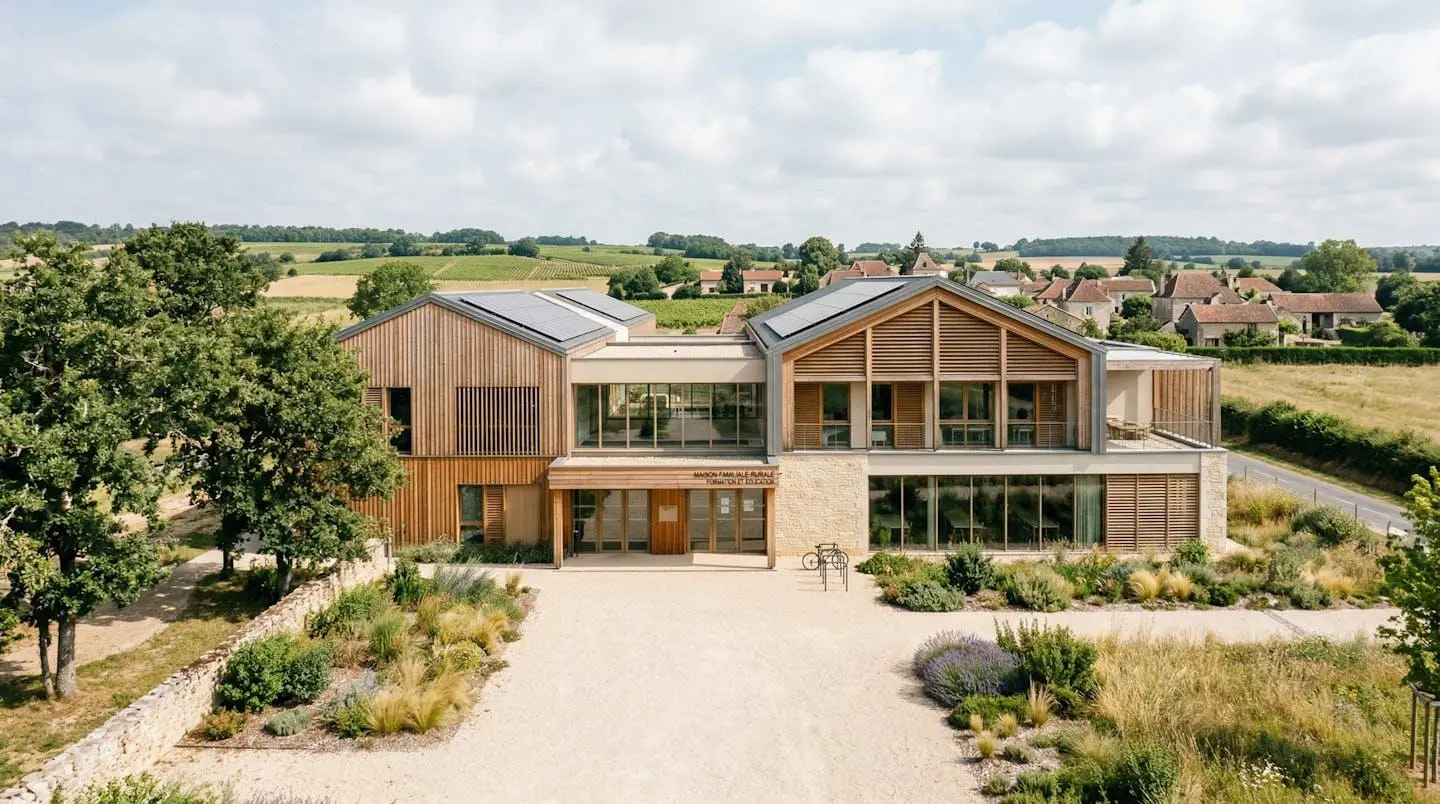Façade d'un établissement de formation de type MFR en milieu rural français, architecture contemporaine avec végétation, sans présence humaine au premier plan