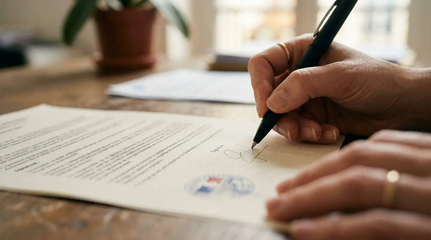 Gros plan sur des mains signant un document officiel avec un stylo, le contenu du formulaire restant flouté en arrière-plan