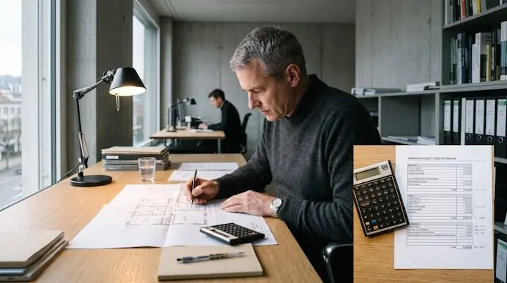 Bureau de planification de projet avec plans de rénovation, calculatrice et documents de chiffrage pour fenêtres dans un environnement de travail professionnel