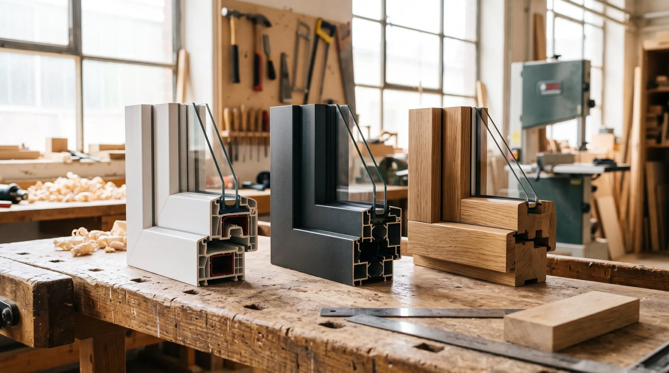 Échantillons de profilés de fenêtres en PVC, aluminium et bois disposés sur un établi d'atelier de menuiserie professionnelle