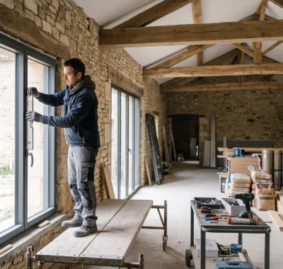 Technicien spécialisé en menuiserie examinant une fenêtre sur un chantier de rénovation résidentielle avec matériaux de construction visibles