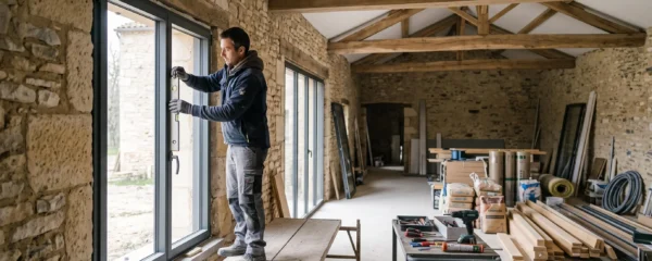 Technicien spécialisé en menuiserie examinant une fenêtre sur un chantier de rénovation résidentielle avec matériaux de construction visibles