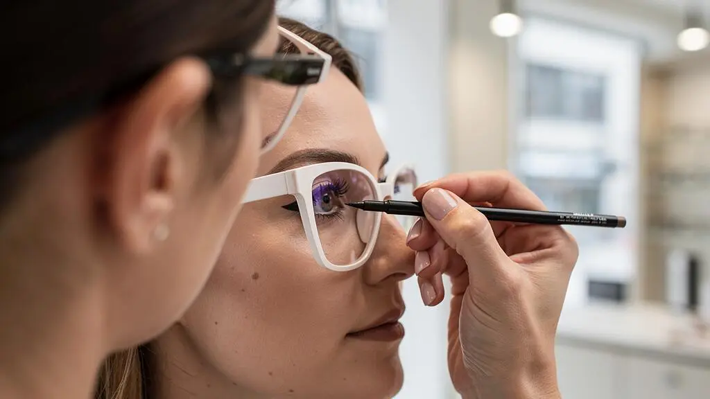 Une main trace un eye-liner sur l'œil d'une cliente portant des lunettes blanches.