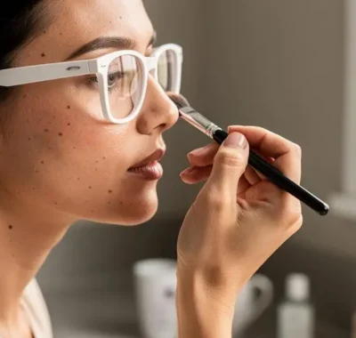 Une femme à monture blanche applique du maquillage devant son miroir.