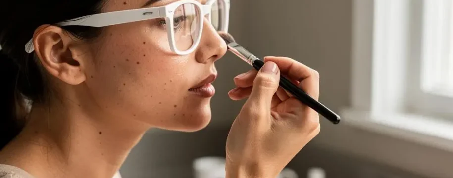 Une femme à monture blanche applique du maquillage devant son miroir.