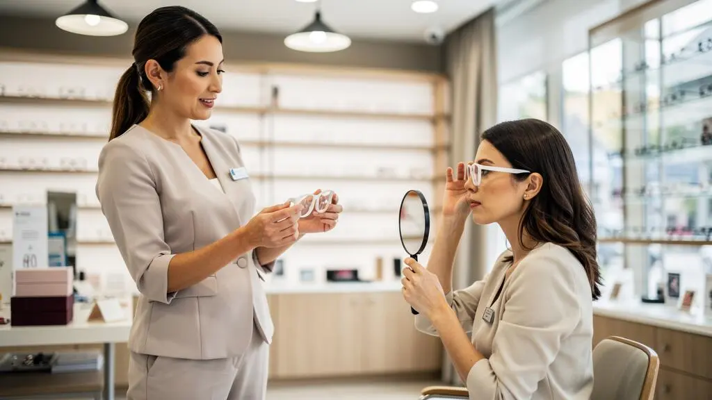 Une opticienne présente une monture blanche à une cliente dans un magasin d'optique.
